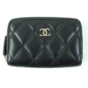 CHANEL Black Lambskin Leather Logo Wallet
